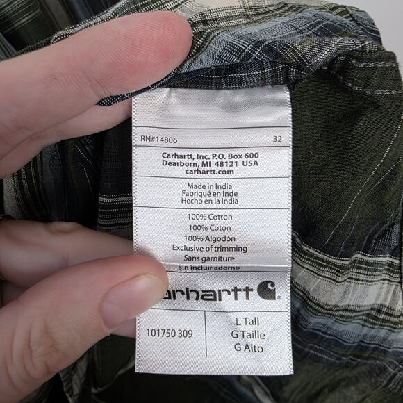 Carhartt Green White Long Sleeve Button Up Relaxed Fit Shirt Size Large Tall - Picture 3 of 7